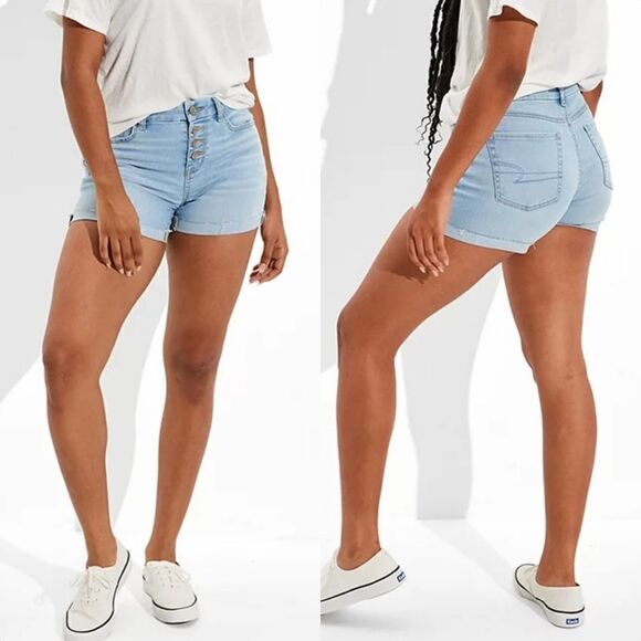 🆕️ AEO Curvy Midi Ne(x)t Level Stretch Low Rise Button Fly Shorts Light Wash - Picture 1 of 10